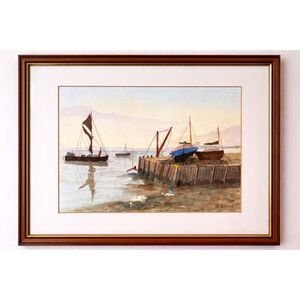 Incredible vintage original watercolor painting of sailboats HE Bailey